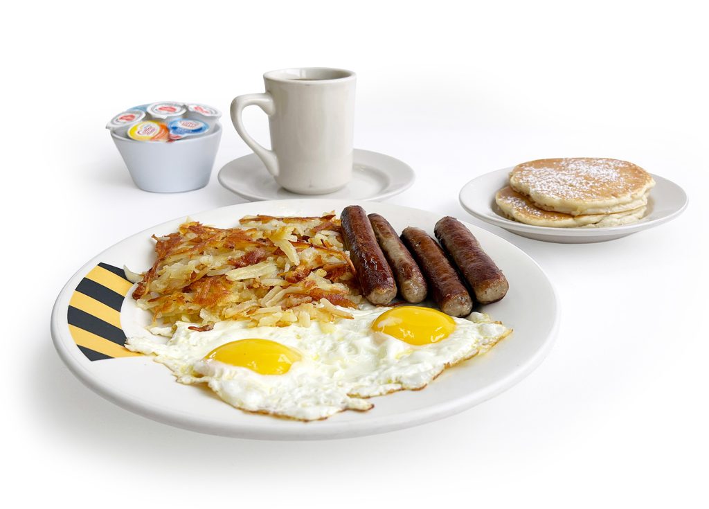 Irving Park, Chicago breakfast & Lunch with our 2 Eggs Breakfast with 4 sausages & 2 pancakes