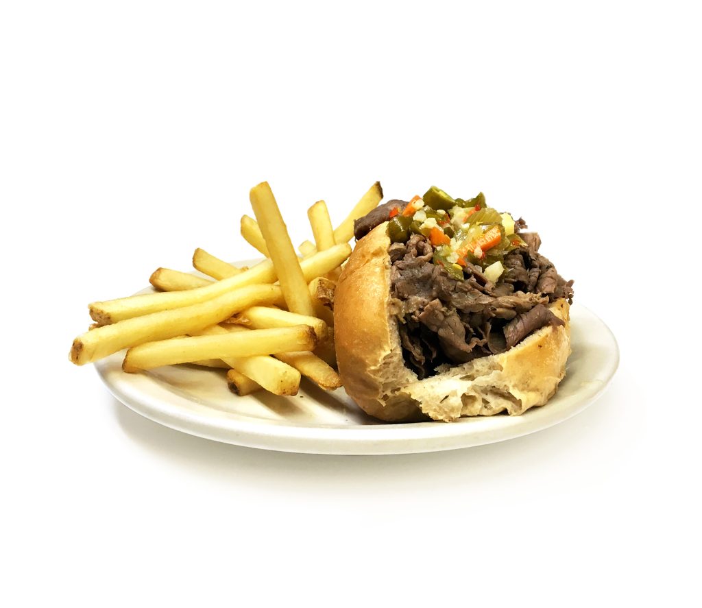 Classic Chicago Italian beef sandwich with au jus from Northside Grill restaurant